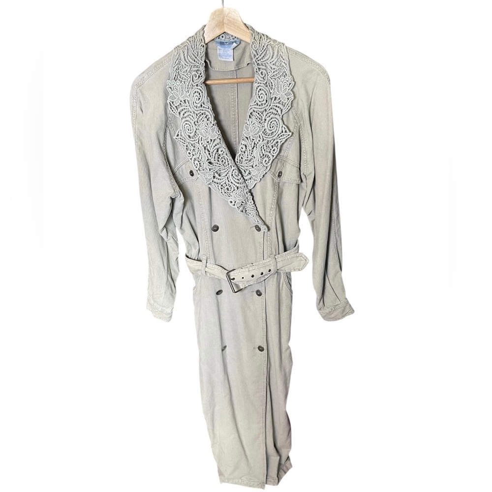 Vintage Beige Corduroy Trench Coat Ornate Lace Collar Waist Belt Jacket Size 10